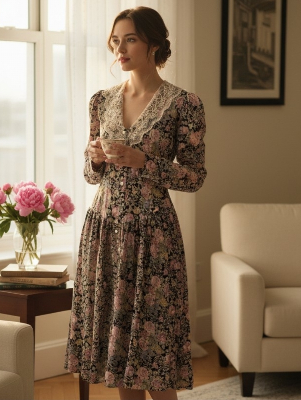 *VTG* EVITA Floral Dress, Vintage Floral Long Sleeve Dress With Lace Trim